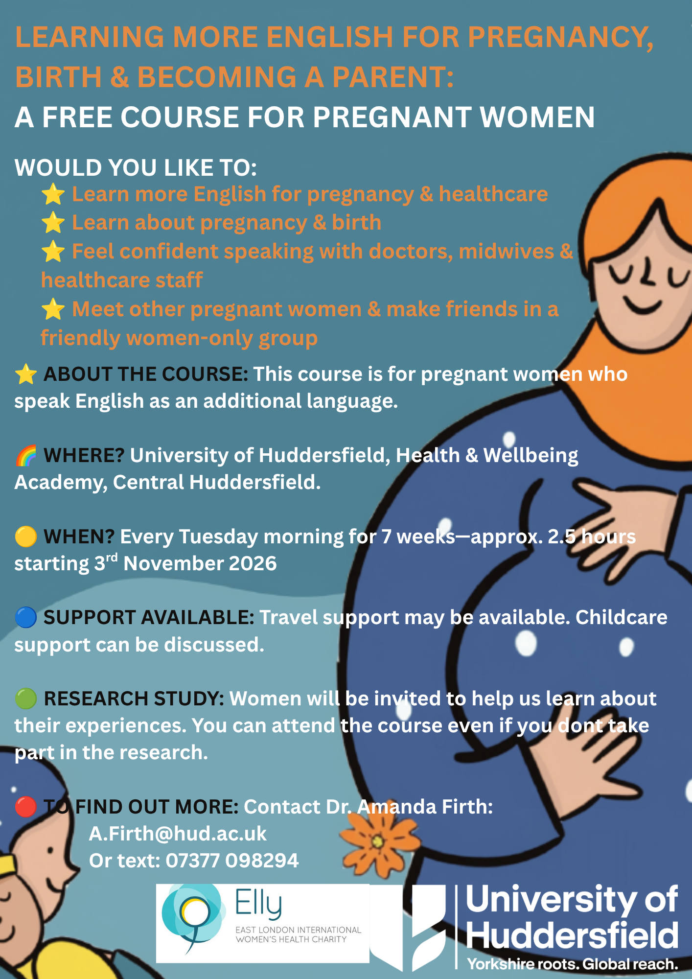 Promotional information for ESOL for pregnancy, Huddersfield