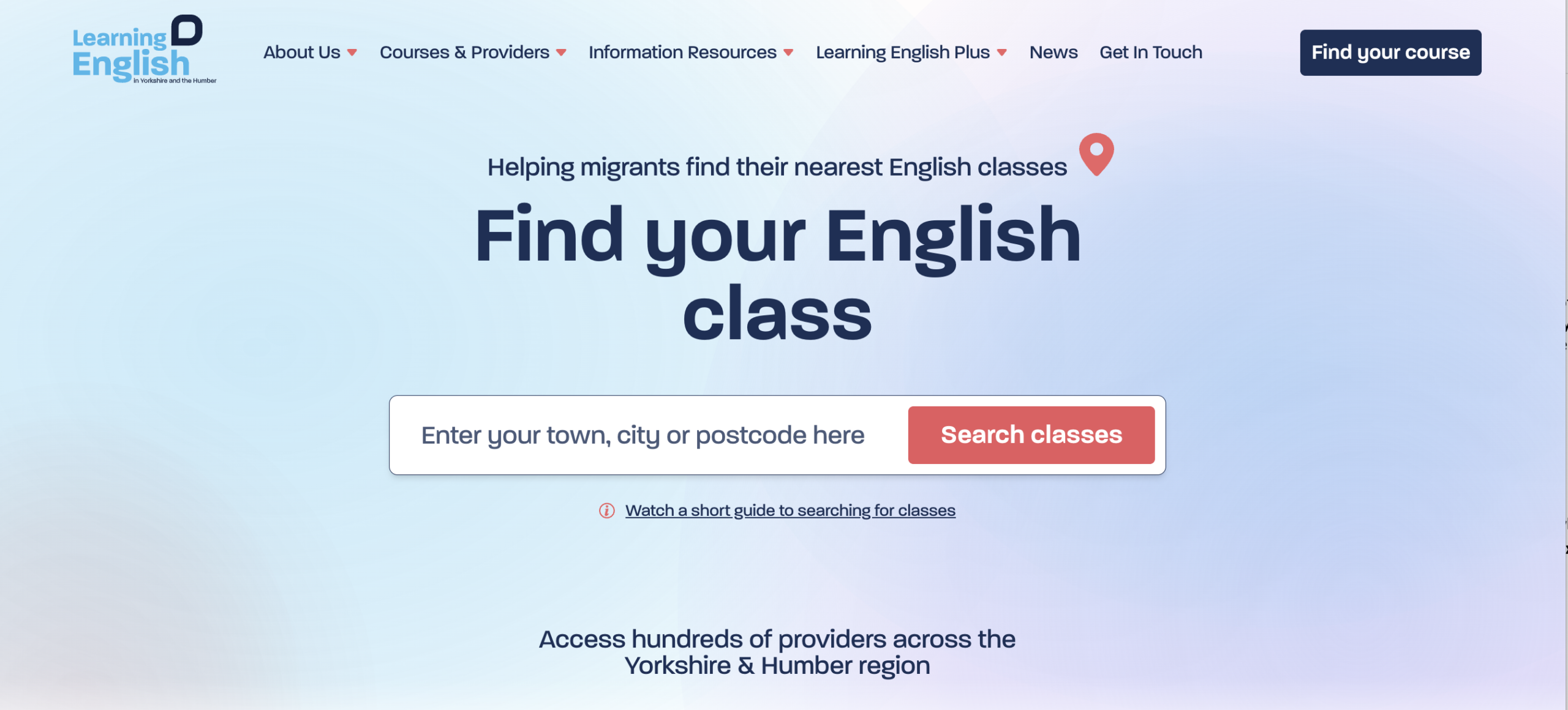 The landing page of the website